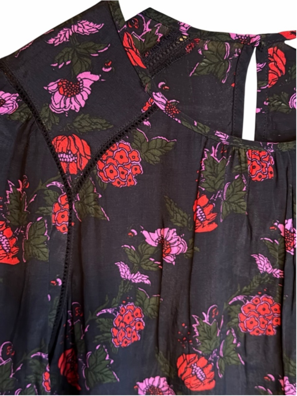 Lucky Brand Pink Red Floral Peasant Top Black Boho Blouse Medium - Picture 4 of 6